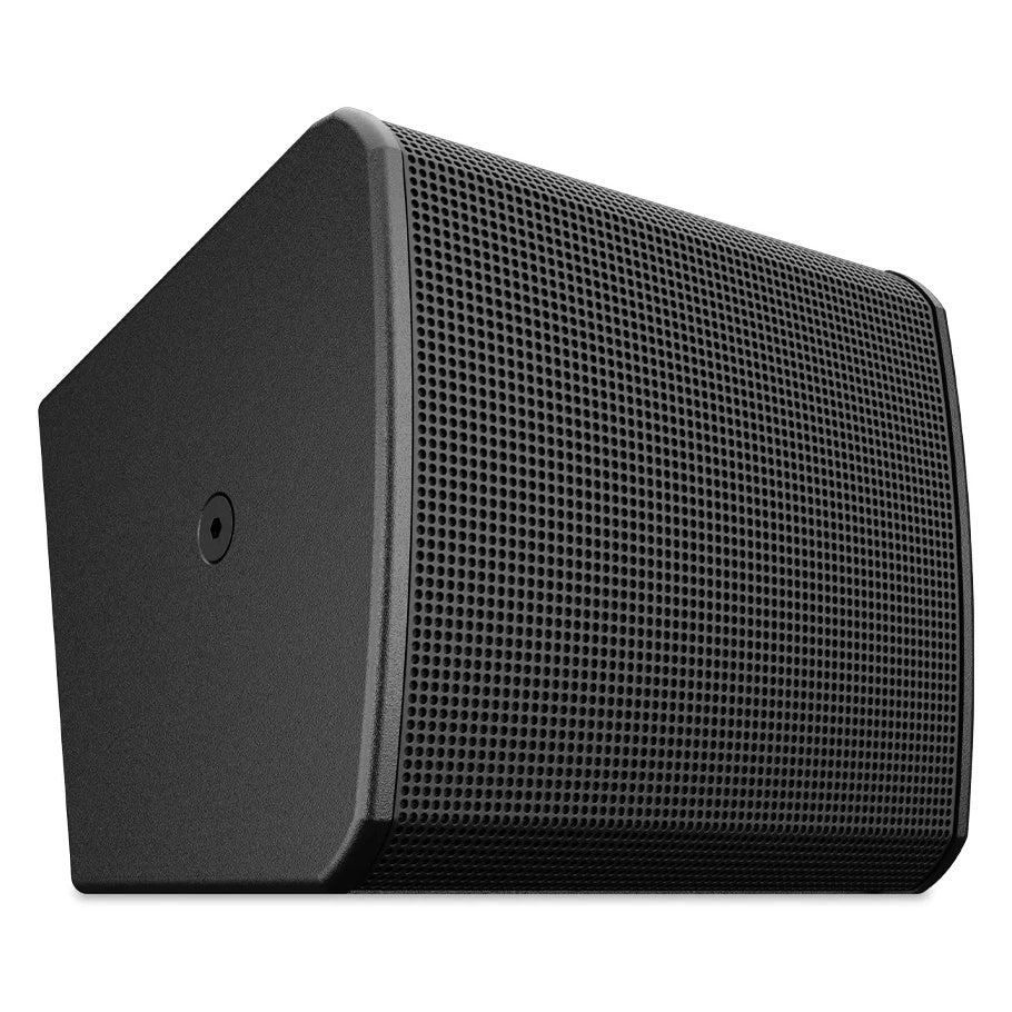 PL-CA5-BK 5-inch 2-way coaxial surround speaker three-quarter view showing angled side panel and textured black finish, Q-SYS