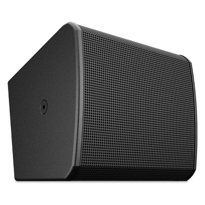 PL-CA5-BK 5-inch 2-way coaxial surround speaker three-quarter view showing angled side panel and textured black finish, Q-SYS