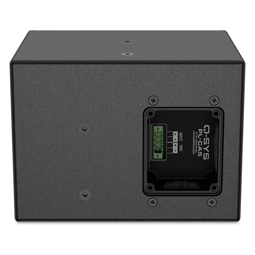 PL-CA5-BK rear panel detail showing recessed Euroblock input terminals, 70V/100V tap selector and M6 mounting inserts, Q-SYS