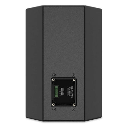 PL-CA6 rear panel detail with branded input plate and recessed terminal block, Q-SYS