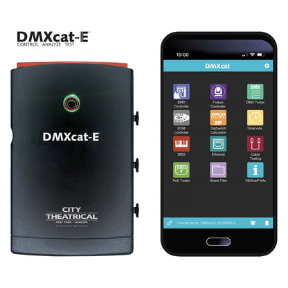 DMXcat-E 6100 front view beside smartphone running DMXcat app menu with DMX Controller, Ethernet and PoE Tester icons, City Theatrical