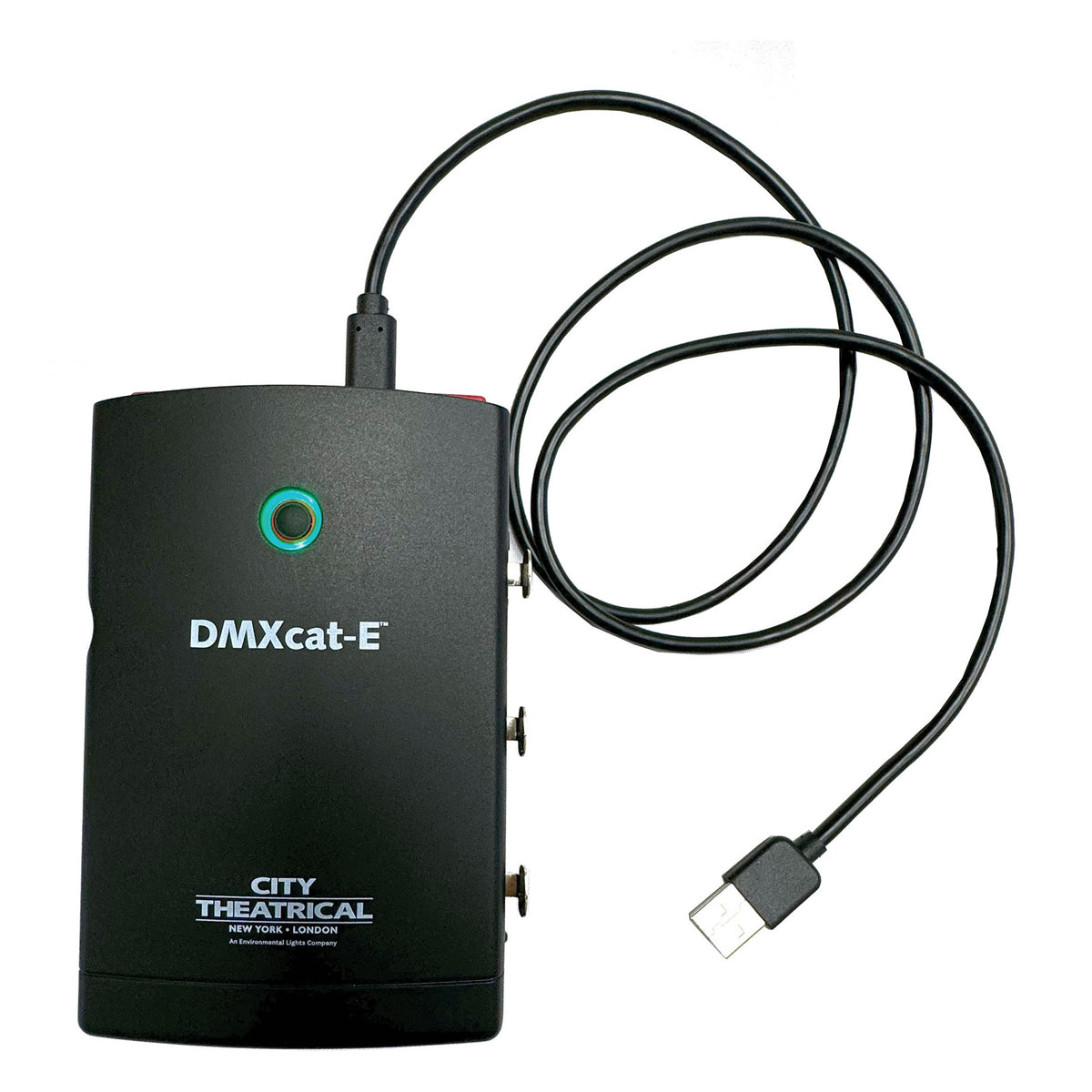 DMXcat-E 6100 with USB-C to USB-A charging cable plugged into top port, City Theatrical