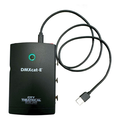 DMXcat-E 6100 with USB-C to USB-A charging cable plugged into top port, City Theatrical