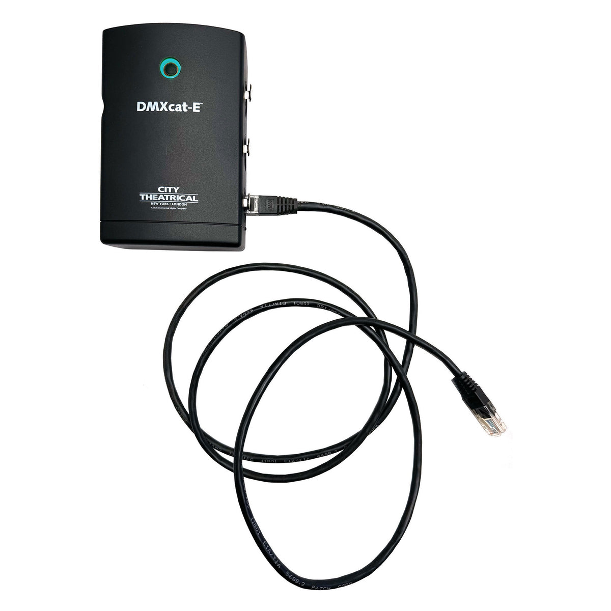 DMXcat-E 6100 with coiled Cat5e patch cable connected to the etherCON Ethernet port, City Theatrical