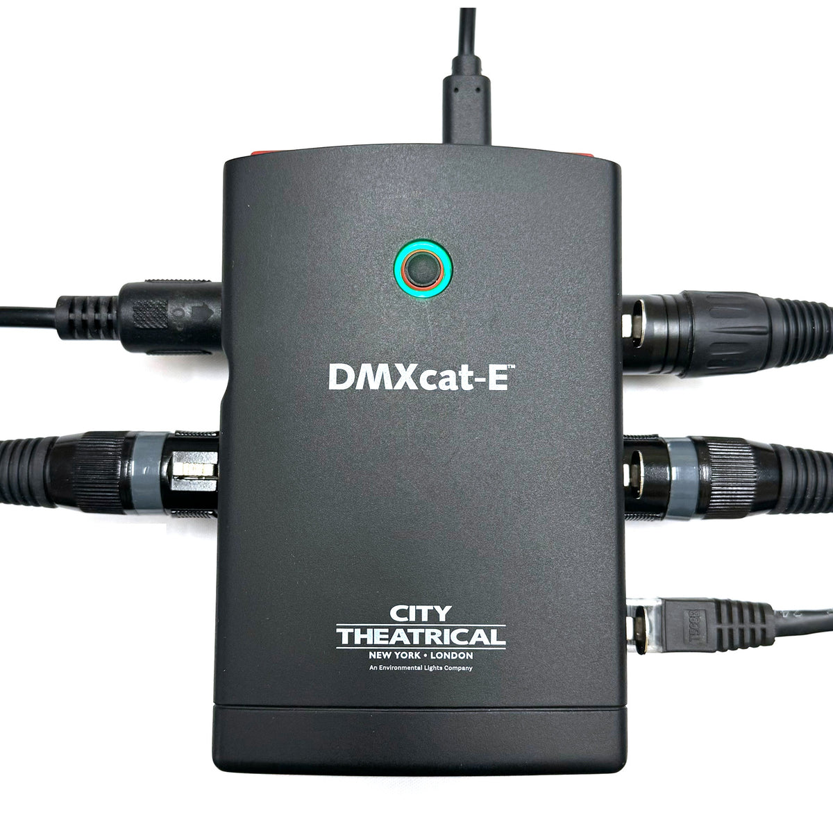 DMXcat-E 6100 front view with all ports connected including XLR, RJ45 and USB-C cables, City Theatrical