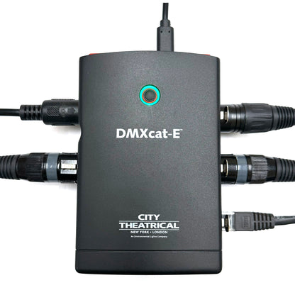 DMXcat-E 6100 front view with all ports connected including XLR, RJ45 and USB-C cables, City Theatrical