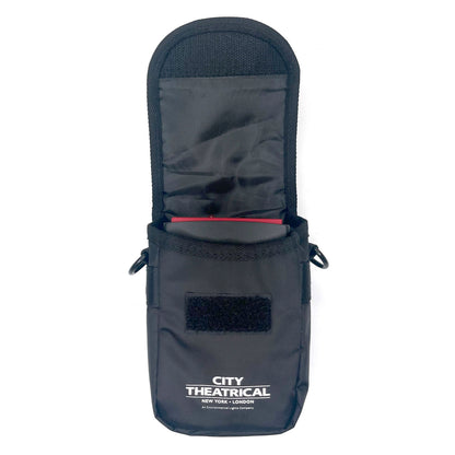 DMXcat-E 6100 stored inside open 6109 padded belt pouch with City Theatrical logo, City Theatrical