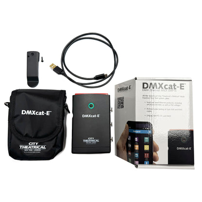 DMXcat-E 6100 box contents with unit, carry pouch, belt clip, USB-C cable and retail packaging, City Theatrical