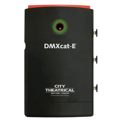 DMXcat-E 6100 straight-on front view showing illuminated green status ring and three port latches, City Theatrical