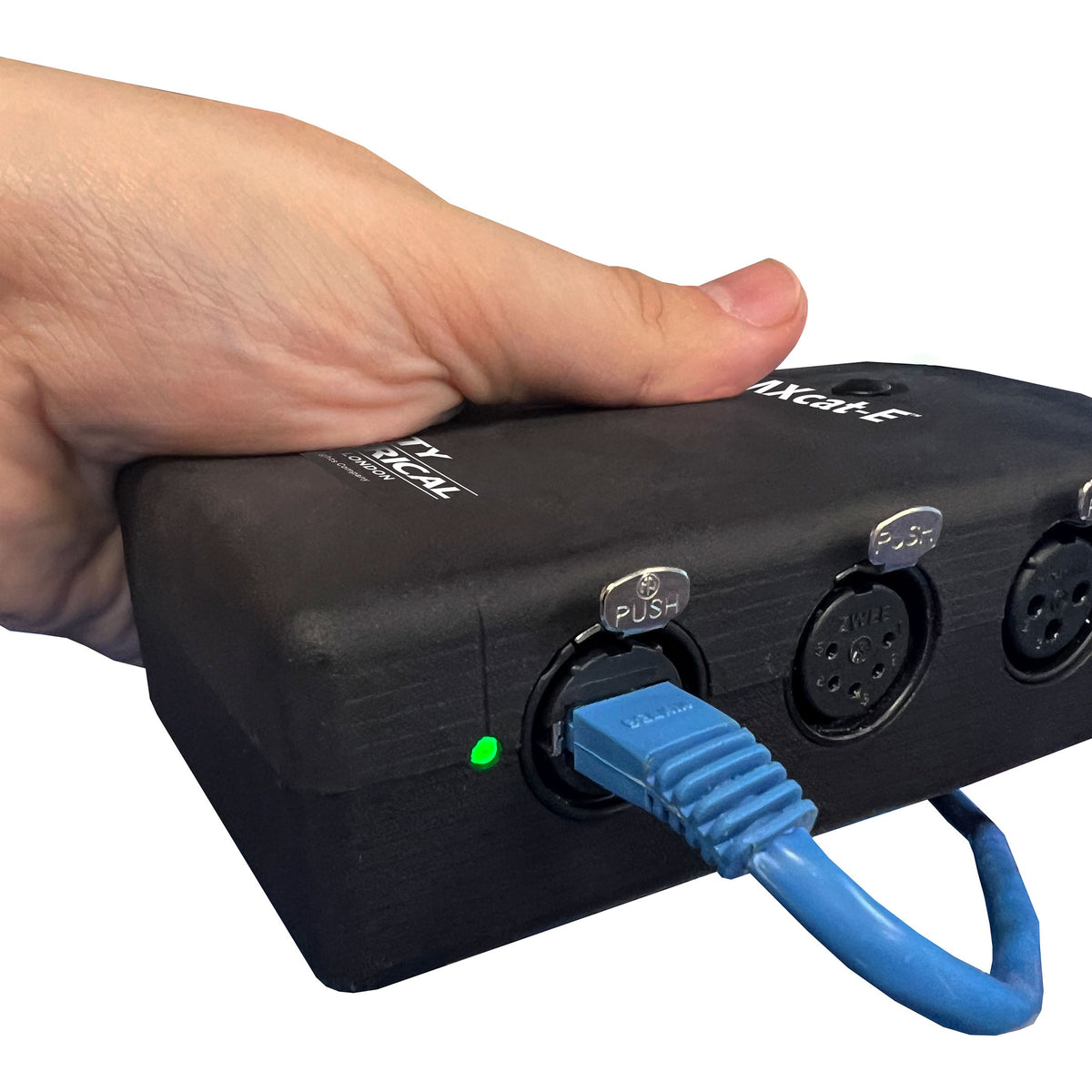 DMXcat-E 6100 angled side detail held in hand with blue Cat5 cable in Ethernet port and green link LED, City Theatrical