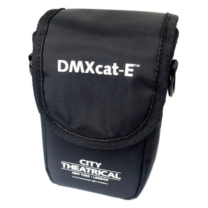 DMXcat-E 6109 padded carry pouch angled front view with flap closed and D-ring strap loops, City Theatrical