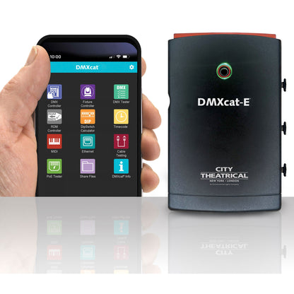 DMXcat-E 6100 angled view beside hand-held smartphone displaying DMXcat app home screen, City Theatrical