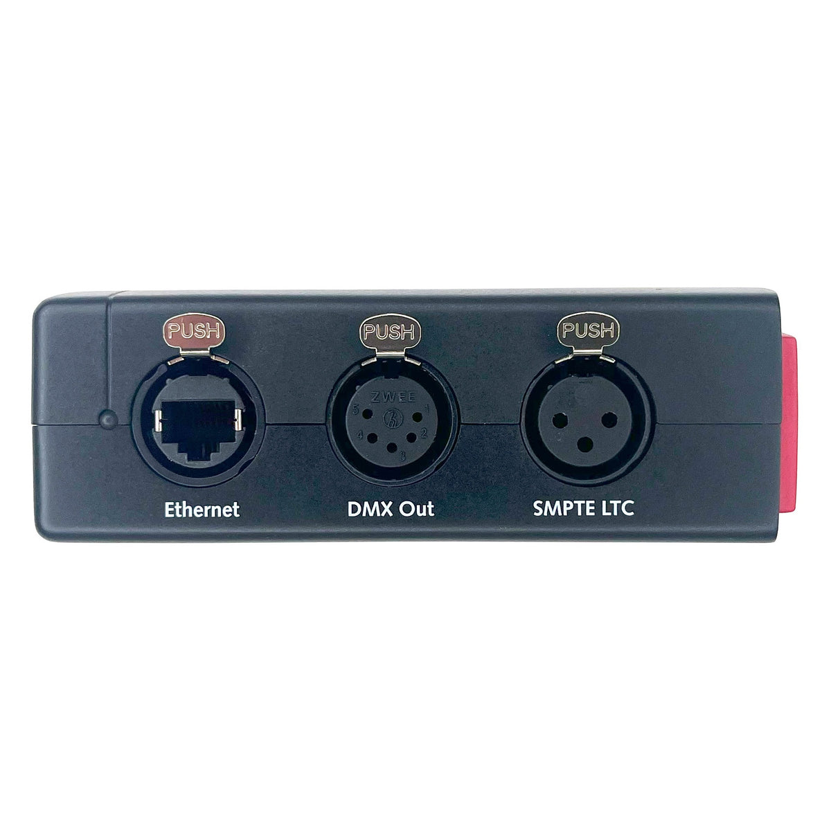 DMXcat-E 6100 right side panel with labeled Ethernet, 5-pin DMX Out and SMPTE LTC XLR connectors, City Theatrical