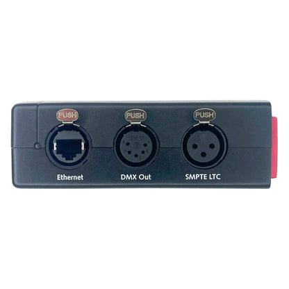 DMXcat-E 6100 right side panel with labeled Ethernet, 5-pin DMX Out and SMPTE LTC XLR connectors, City Theatrical