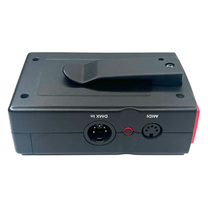 DMXcat-E 6100 rear view showing removable belt clip with DMX In and MIDI ports along edge, City Theatrical