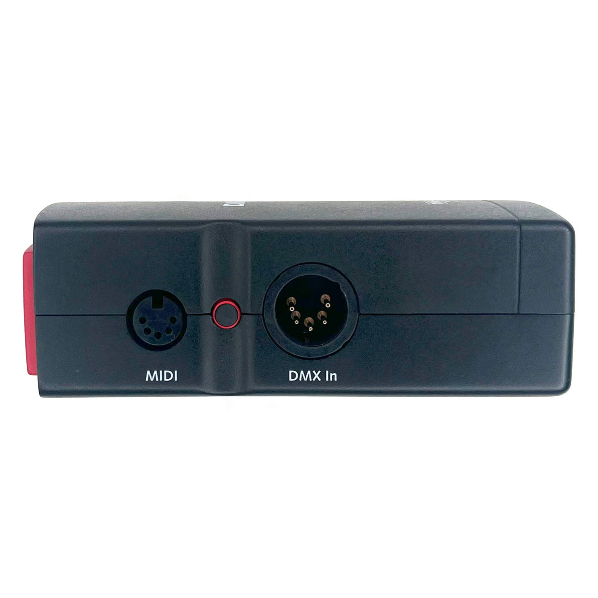 DMXcat-E 6100 left side panel with 5-pin MIDI DIN and 5-pin DMX In connectors labeled, City Theatrical
