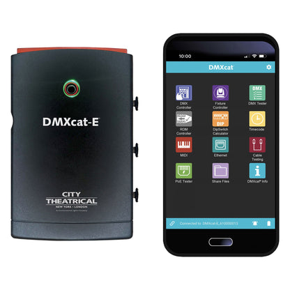 DMXcat-E 6100 straight front view paired with smartphone showing 12-icon DMXcat app menu, City Theatrical