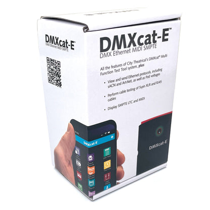 DMXcat-E 6100 retail box side view listing sACN, Art-Net, PoE and cable testing features, City Theatrical