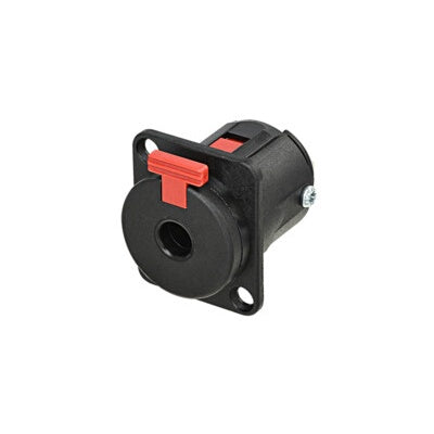 Neutrik NJ3FP6P-BAG locking 1/4" stereo jack in black D-size plastic panel housing with red release latch
