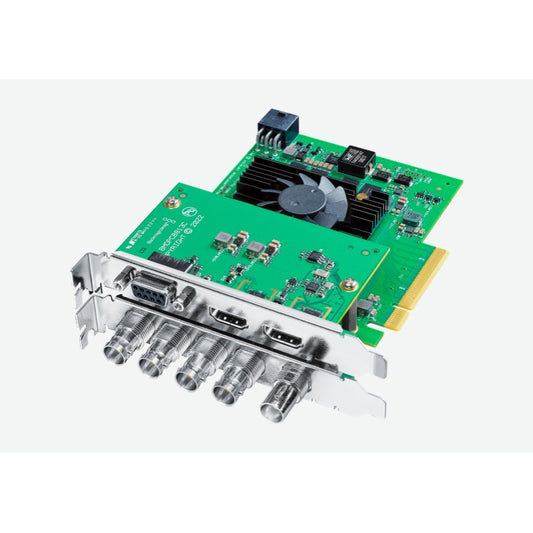 Blackmagic Design DeckLink 8K Pro G2 PCIe capture card angled view showing BNC, HDMI and D-Sub bracket ports