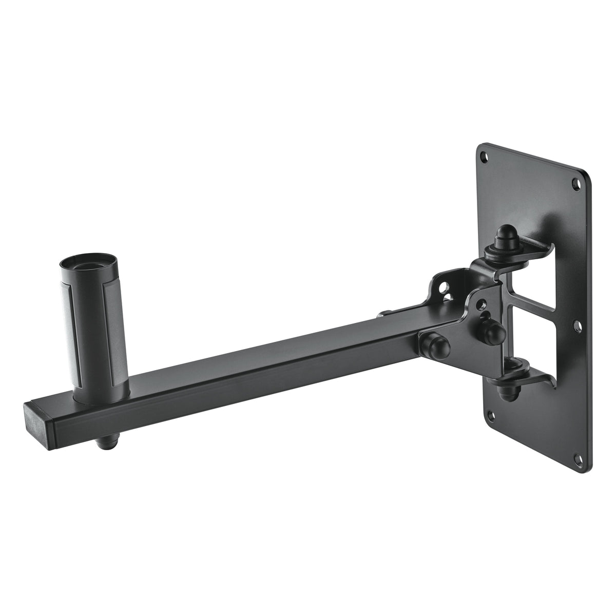 24169 steel speaker wall mount front three-quarter view with arm extended straight out from the wall plate and speaker pole socket at the end, K&M