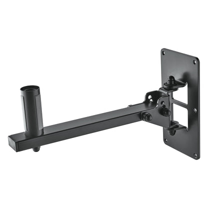 24169 steel speaker wall mount front three-quarter view with arm extended straight out from the wall plate and speaker pole socket at the end, K&M