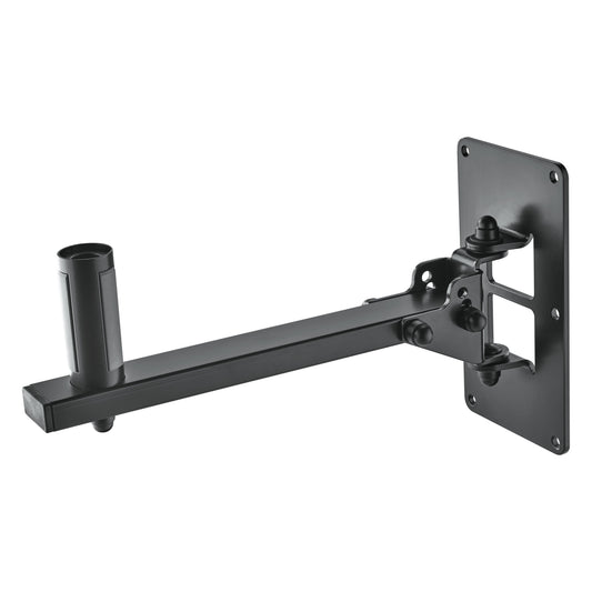 24169 steel speaker wall mount front three-quarter view with arm extended straight out from the wall plate and speaker pole socket at the end, K&M