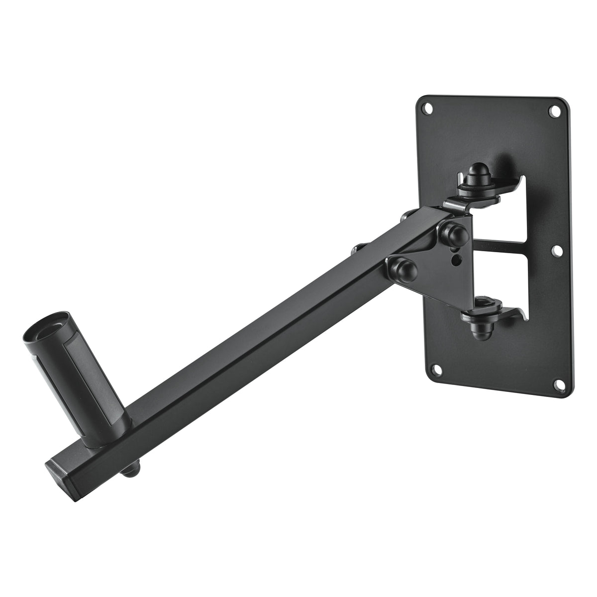 24169 speaker wall mount angled view with the arm swiveled to one side, showing the four-hole wall plate and pivot knobs, K&M