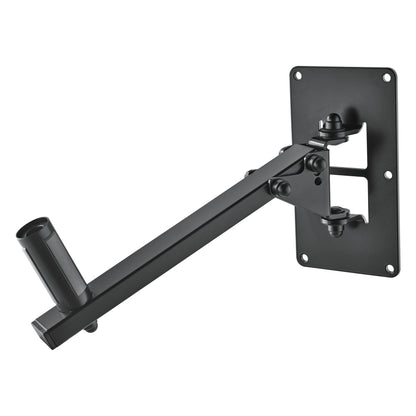 24169 speaker wall mount angled view with the arm swiveled to one side, showing the four-hole wall plate and pivot knobs, K&M