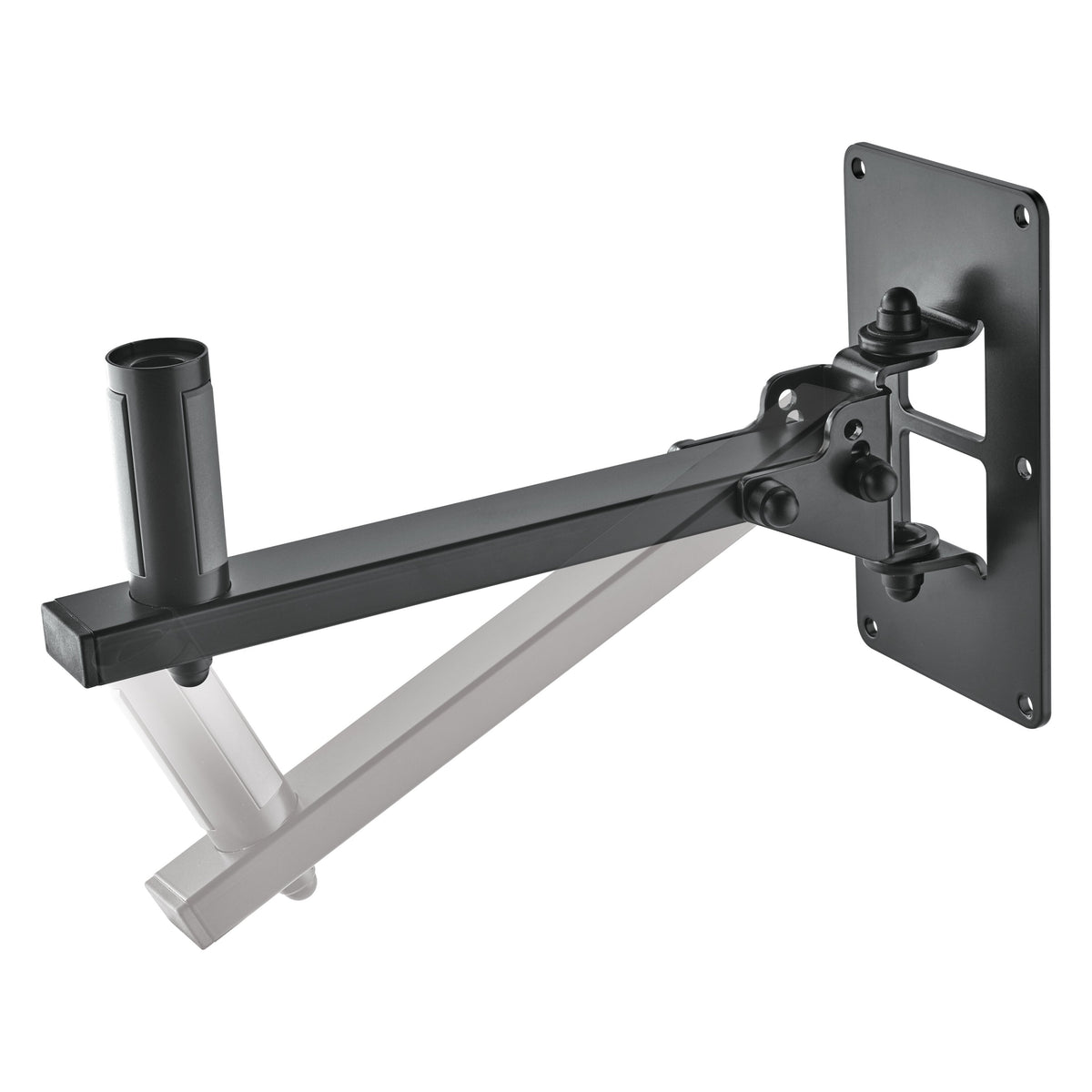 24169 speaker wall mount showing the swivel range with a ghosted arm position overlaid beside the straight arm, K&M