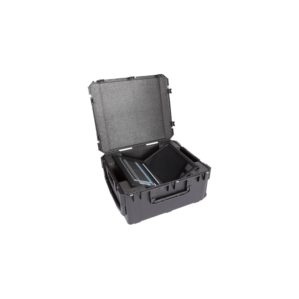 3i3026-15LV1 hard case open at three-quarter angle with Waves LV1 console and touchscreen seated in custom foam, SKB