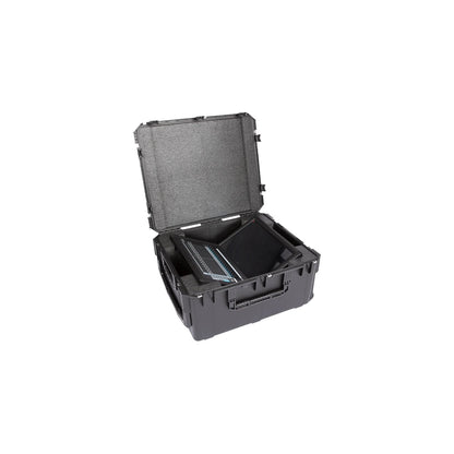3i3026-15LV1 hard case open at three-quarter angle with Waves LV1 console and touchscreen seated in custom foam, SKB