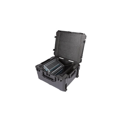 3i3026-15LV1 rolling case opposite-angle view with LV1 fader surface stowed and lid hinges visible, SKB