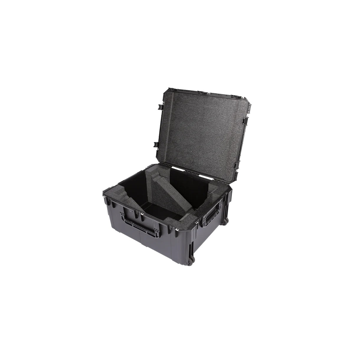 3i3026-15LV1 case open and empty showing routed foam cavities and wheeled base, SKB