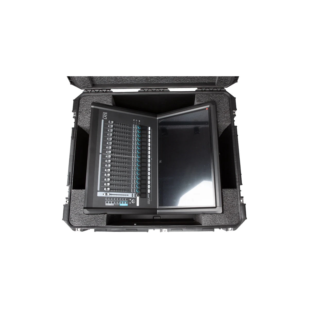 3i3026-15LV1 top-down view with Waves LV1 Classic console and touch display packed side by side in foam, SKB