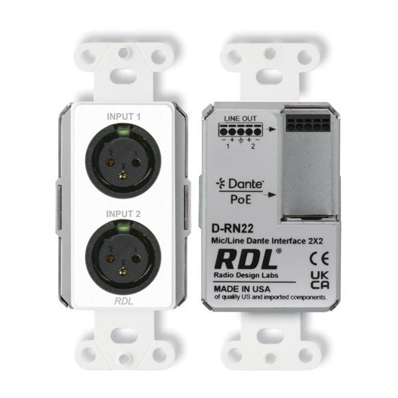RDL D-RN22 Wall-Mounted Bi-Directional Mic/Line Dante Interface 2x2