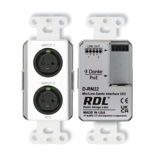 RDL D-RN22 Wall-Mounted Bi-Directional Mic/Line Dante Interface 2x2