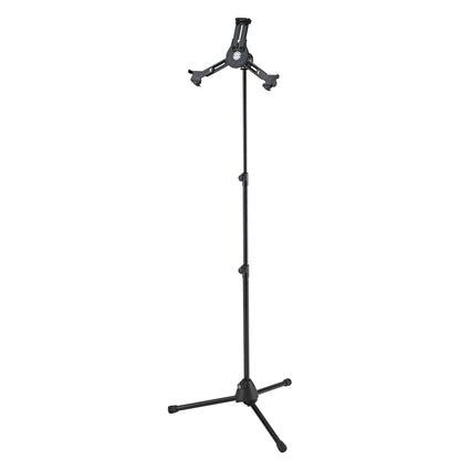 19793 universal tablet stand full view empty with adjustable holder arms open on telescoping tripod stand, K&M