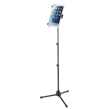 19793 universal tablet stand holding a white tablet in portrait orientation on extendable pole with tripod base, K&M