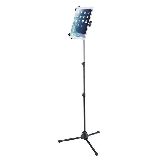 19793 universal tablet stand holding a white tablet in portrait orientation on extendable pole with tripod base, K&M