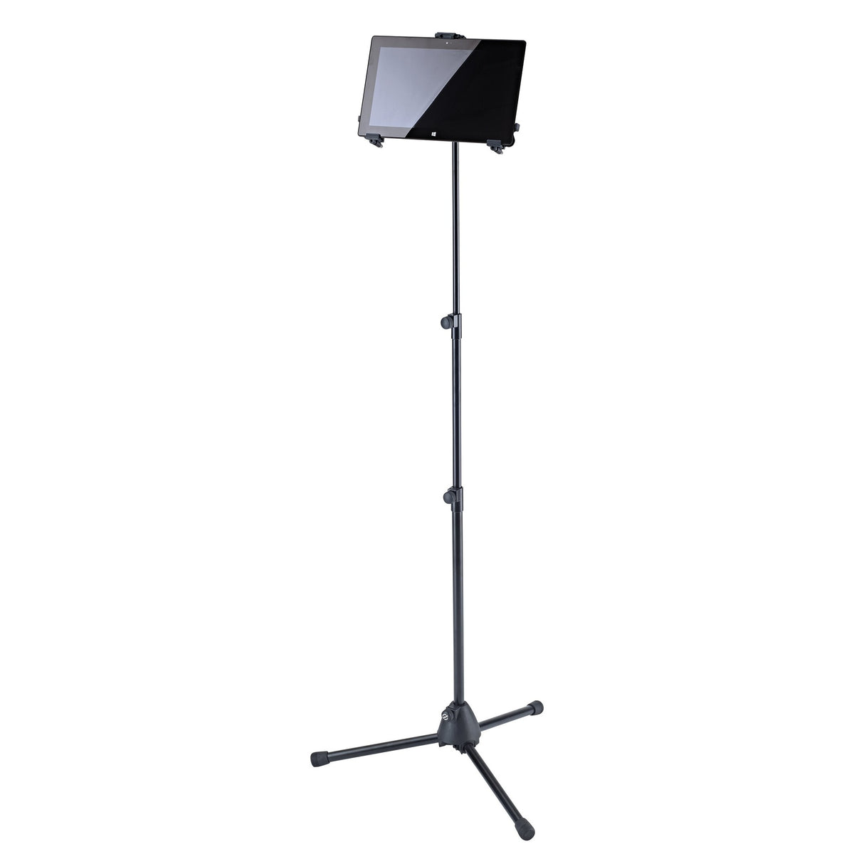 19793 universal tablet stand holding a black tablet in landscape orientation with clamp holder at top of pole, K&M
