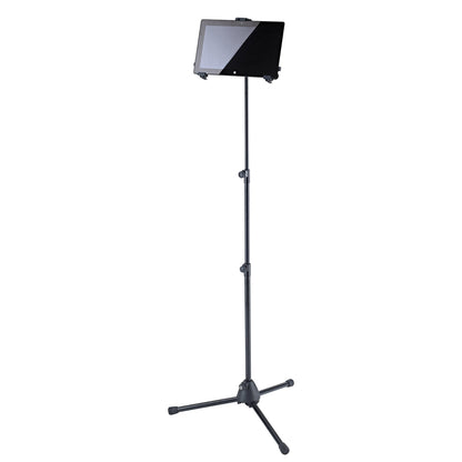 19793 universal tablet stand holding a black tablet in landscape orientation with clamp holder at top of pole, K&M
