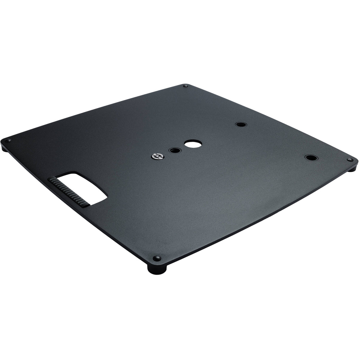 26716 large steel base plate angled top view showing three M20 sockets, centre cable hole, cut-out carry handle and corner rubber feet, K&M