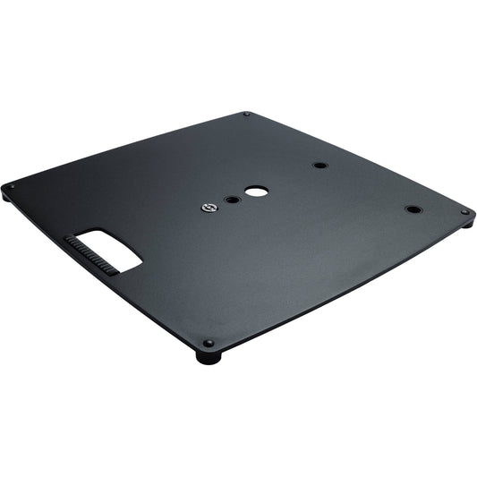 26716 large steel base plate angled top view showing three M20 sockets, centre cable hole, cut-out carry handle and corner rubber feet, K&M
