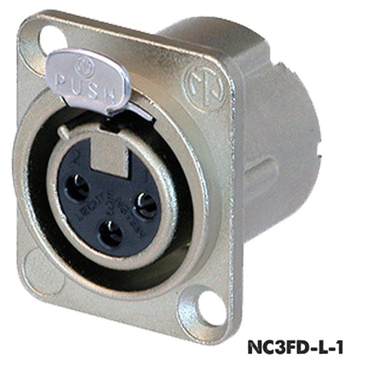 Neutrik NC3FD-L-1 3-pole female XLR panel mount receptacle with silver flange and push latch