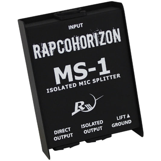 RapcoHorizon MS-1 isolated mic splitter angled top view with input, direct and isolated output labels