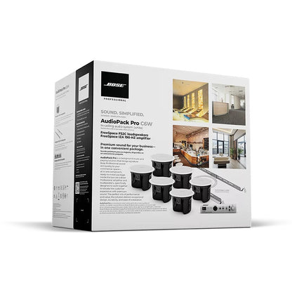 Bose AudioPack Pro C6W retail box showing in-ceiling speakers, amplifier, and install photos