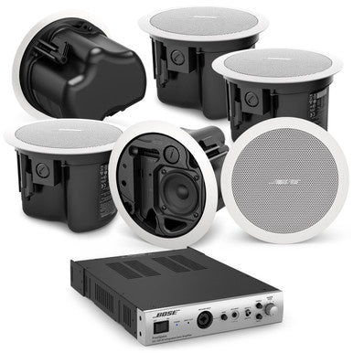 Bose AudioPack Pro C6W grouped ceiling speakers angled to show back cans, driver, and amplifier