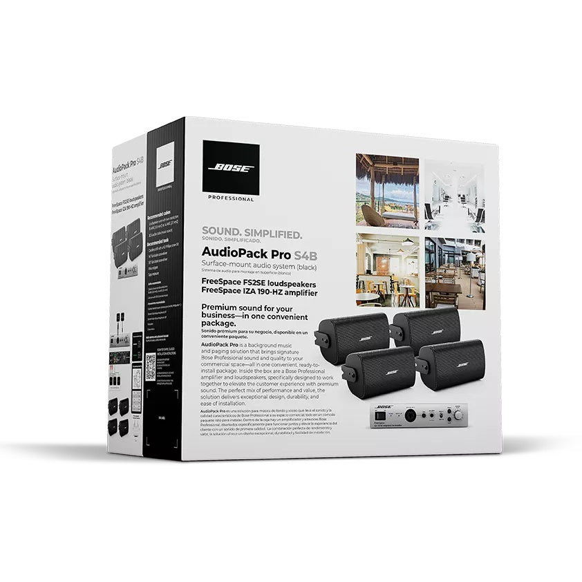 Bose AudioPack Pro S4B retail box showing four black surface-mount speakers and rack amplifier artwork