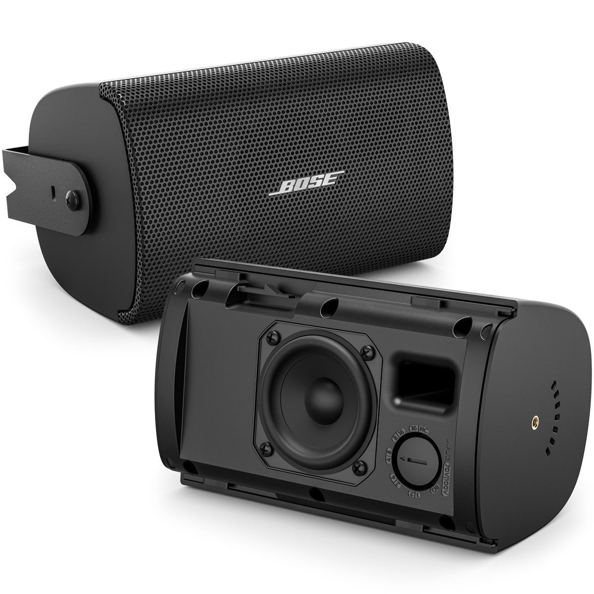 Pair of Bose AudioPack Pro speakers, one grille-off view showing woofer and transformer tap selector